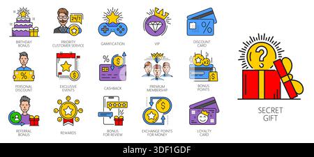Icônes d'avantages exclusifs, cadeau et récompense, prix et offre, fidélité et coupons symboles de ligne vectorielle. Programme de bonus de fidélité client, carte VIP et bon de réduction, avantages exclusifs pour les membres Premium Illustration de Vecteur