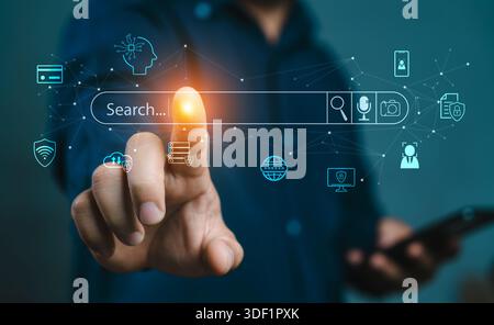 Recherche avec ai Assistant ; concept d'optimisation de moteur de recherche SEO. Icônes AI SEO sur les sites Web pour classer les moteurs de recherche ou effectuer du SEO. rechercher à l'écran. Ar Banque D'Images