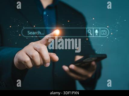 Recherche avec ai Assistant ; concept d'optimisation de moteur de recherche SEO. Icônes AI SEO sur les sites Web pour classer les moteurs de recherche ou effectuer du SEO. rechercher à l'écran. Ar Banque D'Images
