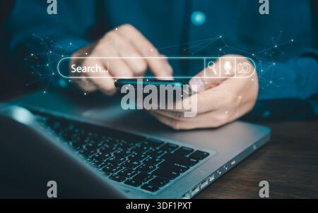 Recherche avec ai Assistant ; concept d'optimisation de moteur de recherche SEO. Icônes AI SEO sur les sites Web pour classer les moteurs de recherche ou effectuer du SEO. rechercher à l'écran. Ar Banque D'Images