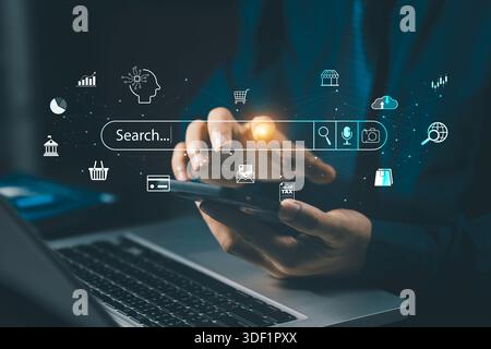 Recherche avec ai Assistant ; concept d'optimisation de moteur de recherche SEO. Icônes AI SEO sur les sites Web pour classer les moteurs de recherche ou effectuer du SEO. rechercher à l'écran. Ar Banque D'Images