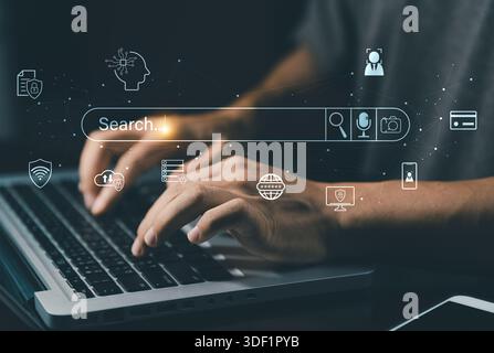 Recherche avec ai Assistant ; concept d'optimisation de moteur de recherche SEO. Icônes AI SEO sur les sites Web pour classer les moteurs de recherche ou effectuer du SEO. rechercher à l'écran. Ar Banque D'Images