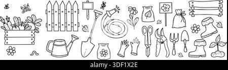 Cute Garden dessin à la main Doodle. Contours outils de jardin, jardinage et dessins de main de ferme avec légumes, outils et fleurs. Vecto fantaisiste isolé Illustration de Vecteur