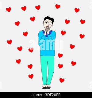 Un homme se tient devant les cœurs. Il porte une chemise bleue et un pantalon bleu Illustration de Vecteur