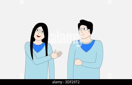 Un homme et une femme sont debout l'un à côté de l'autre. L'homme porte une chemise bleue et la femme porte une chemise bleue. Ils sont à la fois souriants et se Illustration de Vecteur
