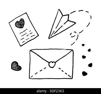 Ensemble vectoriel de lettres d'amour dessinées à la main, d'enveloppes, d'avions et de coeurs pour les messages de Saint-Valentin. Correspondance romantique, un ensemble mignon d'illustrations de contour de style doodle. Illustration de Vecteur