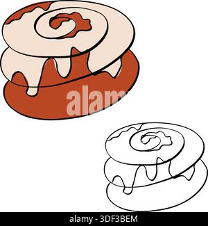 Cinnabon Doodle illustration dessinée à la main isolée. Encre de ligne graphique vectorielle colorée Pain traditionnel à la cannelle avec glaçage. Pour affiche, invitation, BA Illustration de Vecteur