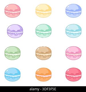 Un ensemble de vecteurs colorés de macaron doux dans des palettes pastel douces. Parfait pour les menus de boulangerie, l'image de marque de café, les cartes de vœux et les dessins d'autocollants mignons. Est Illustration de Vecteur