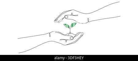 Dessin d'une ligne de mains tenant des semis en croissance. Illustration d'une ligne de mains tenant une feuille. Graphiques vectoriels, ligne modifiable. Illustration de Vecteur