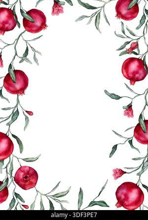 Les grenades et les fleurs roses sont un cadre rectangulaire. Une illustration à l'aquarelle manuelle dessinée de la frontière avec des branches de fruits tropicaux sur un blanc Banque D'Images
