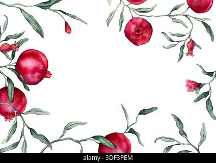 Les grenades et les fleurs roses sont un cadre rectangulaire. Une illustration à l'aquarelle manuelle dessinée de la frontière avec des branches de fruits tropicaux sur un blanc Banque D'Images
