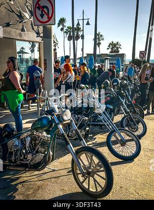 Californie, États-Unis, 29 septembre 2024, vue des motards et de leur moto par la Rose Room, un lieu de rencontre à Venice Beach Banque D'Images