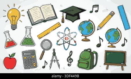 Ensemble de doodle vectoriel éducatif dessiné à la main mettant en vedette des icônes de science, de mathématiques et de musique comme un globe, un atome, un bécher et un mortarboard. Illustration de Vecteur