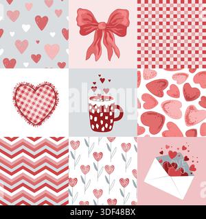 Patchwork de Saint-Valentin motif Doodle sans couture. Design de couette romanesque. Arrière-plan vectoriel. Imprimé géométrique à carreaux Illustration de Vecteur