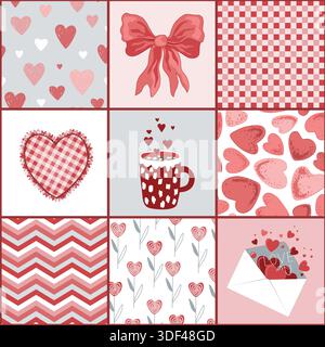 Patchwork de Saint-Valentin motif Doodle sans couture. Design de couette romanesque. Arrière-plan vectoriel. Imprimé géométrique à carreaux. Illustration de Vecteur