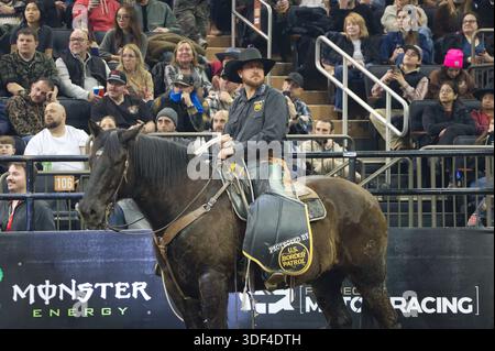 Un homme portant un chapeau de cow-boy monte un cheval brun foncé dans une arène. Les spectateurs regardent depuis des sièges étagés derrière une rampe. Banque D'Images