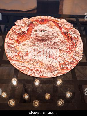 Un puzzle rond en bois fini à la main avec un chat blanc angora turc avec des yeux bleus et bruns uniques et des motifs floraux. Banque D'Images