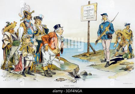 Restez à l'écart ! Une caricature politique américaine de Victor Gillam montre l'oncle Sam entre les caricatures des pays européens et les représentants des pays latino-américains du Nicaragua et du Venezuela. 1896. Banque D'Images