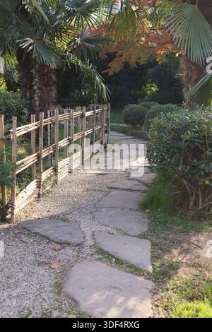 Chemin de jardin courbe fait de dalles de pierre naturelle sur gravier, bordé par une clôture en bambou, entouré de palmiers et de feuillage d'automne coloré Banque D'Images