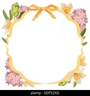 Modèle de carte de printemps dessiné à la main avec cadre et un arc, fleurs de printemps comme jonquille et jacinthe, bourgeons et feuilles Illustration de Vecteur
