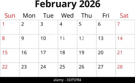 Page de calendrier de février 2026. Planificateur mensuel anglais avec début dimanche. Conception vectorielle Illustration de Vecteur