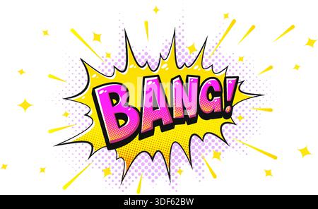 Comic Pop Art Bang explosion Speech Bubble avec des points demi-tons et des rayons dynamiques. Effet sonore coloré rétro Cartoon pour bandes dessinées, affiches, publicités et design créatif. Illustration vectorielle Illustration de Vecteur