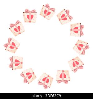 Cadre rond avec boîtes cadeaux et coeurs roses et espace pour le texte Illustration de Vecteur