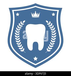 Illustration du logo de clinique dentaire. Dent avec couronne de laurier sur le bouclier Illustration de Vecteur
