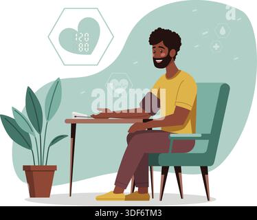 Illustration d'un homme à la peau foncée assis sur une chaise, souriant tout en vérifiant sa pression artérielle avec un moniteur automatique. Inclut des icônes de santé et HE Illustration de Vecteur