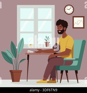 Illustration d'un homme souriant à la peau sombre assis dans une pièce confortable tout en vérifiant sa tension artérielle avec un moniteur numérique. L'intérieur comprend des plantes, wi Illustration de Vecteur