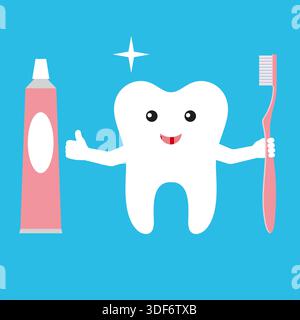 Dentifrice et brosse à dents tenant les dents. Personnage souriant de dessin animé drôle mignon. Illustration de Vecteur