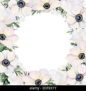 Aquarelle blanc coquelicots fleurs carré cadre isolé illustration. Modèle d'anémones de fleurs sauvages avec espace de copie pour les cartes de printemps pastel, printemps Banque D'Images