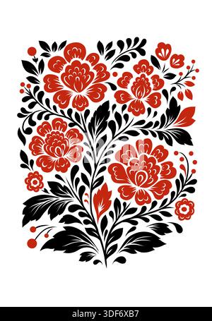 Carte florale décorative slave monochrome vectorielle. Silhouette noire d'ornement de tracerie avec des fleurs rouges sur fond blanc pour invitation, carte postale Illustration de Vecteur