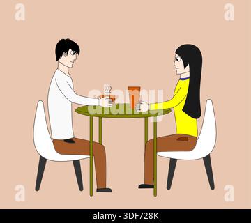 Un homme et une femme sont assis à une table avec des tasses devant eux. L'homme tient une tasse et la femme tient également une tasse. La scène est conviviale Illustration de Vecteur