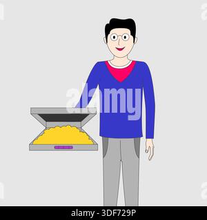 Un homme de dessin animé tient une boîte de nourriture. Il sourit et il est heureux. La boîte est ouverte et remplie de nourriture, ce qui suggère qu'il est sur le point de la manger Illustration de Vecteur