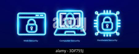 Sécurité Web protection navigateur confidentialité anti-hameçonnage icônes de surveillance définies. Logo Computer Endpoint Defense Neon. Sécurité matérielle Business Digital Illustration de Vecteur