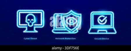 Jeu d'icônes de virus informatique d'attaque de cyber-menaces malveillantes. Protection réseau surveillance de la sécurité des terminaux logo Blue Neon. Protection sécurisée des appareils Illustration de Vecteur