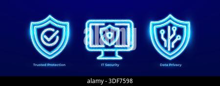 Icônes Secure Shield de sécurité vérifiée par la protection sécurisée. Logo Neon de protection du système de sécurité INFORMATIQUE. Confidentialité des données, jeu d'icônes de protection personnelle Illustration de Vecteur