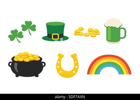 Patrick Day Flat Vector Icons Set avec Shamrock, Leprechaun Hat, pot of Gold et Rainbow Illustration de Vecteur