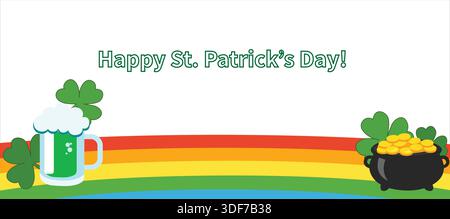 La bannière Patricks Day dans un style vectoriel plat, avec leprechaun joyeux, Shamrocks et pièces d'or. Illustration de Vecteur