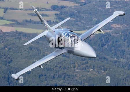 L’Aero l‑39CM Albatros de l’armée de l’air slovaque est un avion d’entraînement militaire subsonique biplace construit par Aero Vodochody en République tchèque. Le l‑39CM est une variante modernisée du l‑39 Albatros utilisé pour la formation des pilotes et les tâches de combat léger. Il a des sièges en tandem et est propulsé par un seul moteur à double flux. Aux Journées OTAN 2025, les écrans statiques et dynamiques présentent des vues rapprochées du pilote et des profils en vol de cet avion à Ostrava, en République tchèque. Banque D'Images