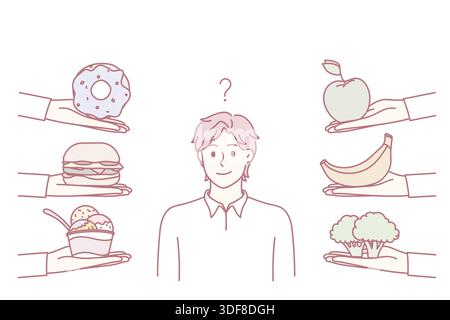 Choix du mode de vie et du concept de régime.Jeune homme frustré debout essayant de choisir entre des aliments sains équilibrés végétariens et l'illustration de vecteur de restauration rapide Illustration de Vecteur