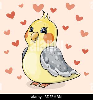 Mignon et drôle de dessin animé Parrot avec des coeurs. Illustration vectorielle d'animal sur fond orange avec des coeurs. Illustration de Vecteur