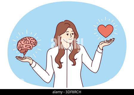 La femme maintient l'équilibre dans la carrière et la vie personnelle en se tenant près du cœur avec le cerveau et en essayant de vivre en harmonie. Femme d'affaires observe l'équilibre, choisir entre romance ou carrière Illustration de Vecteur