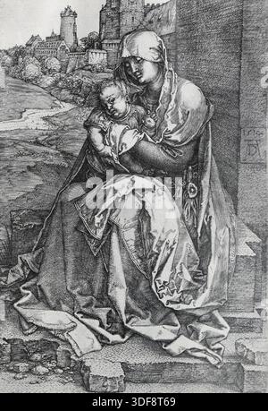La Vierge à l'enfant près des remparts de la ville. Gravure d'Albrecht Dürer. Black and White illustration from the Connoisseur, an Illustrated Magazine for Collectors vol 4 (sept - décembre 1902) publié à Londres par Otto Limited Banque D'Images
