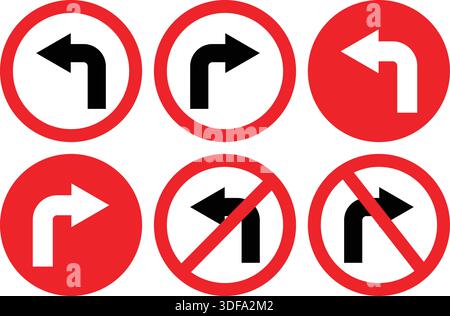 Panneaux de signalisation indiquant les directions de virage à gauche et à droite et les restrictions de virage Illustration de Vecteur
