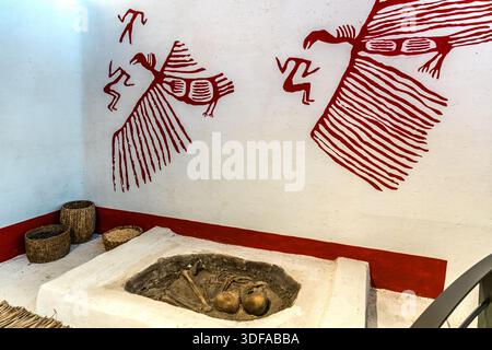 Une reconstitution funéraire au musée de Çumra, en Turquie, est placée sous des répliques des célèbres peintures murales de Çatalhöyük, qui représentent de grands oiseaux rouges – interprétés comme des vautours – planant au-dessus de figures humaines décapitées. Les archéologues associent de telles images à des rituels funéraires, car les corps auraient pu être exposés aux oiseaux avant l'enterrement. À Çatalhöyük, l'une des colonies néolithiques les plus renommées au monde, les morts étaient enterrés sous les planchers des maisons. Banque D'Images