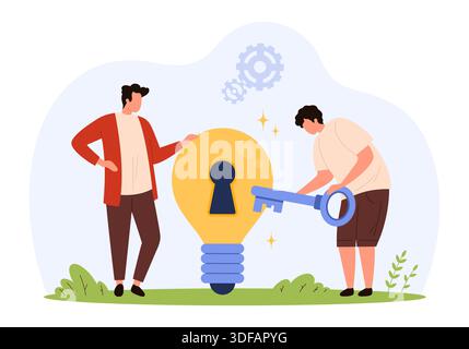 Deux personnes utilisant une grande clé pour déverrouiller une ampoule avec un trou de serrure symbolisant des solutions créatives, le travail d'équipe, l'innovation et la résolution de problèmes illustration vectorielle isolée Illustration de Vecteur