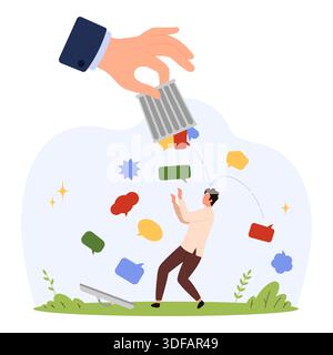 Concept de surcharge numérique comme une main géante décharge des bulles de chat colorées sur une personne stressée, symbolisant des messages en ligne excessifs et des notifications illustration vectorielle isolée Illustration de Vecteur