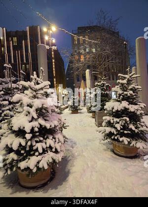 Des sapins décoratifs enneigés dans de grandes jardinières bordent une passerelle piétonne dans un centre-ville pendant la soirée d'hiver, éclairée par des lampadaires Banque D'Images